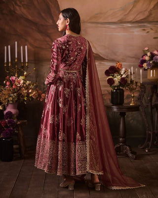 Onion Pink Japan Satin Anarkali with Sequins Work & Butterfly Net Dupatta ClothsVilla