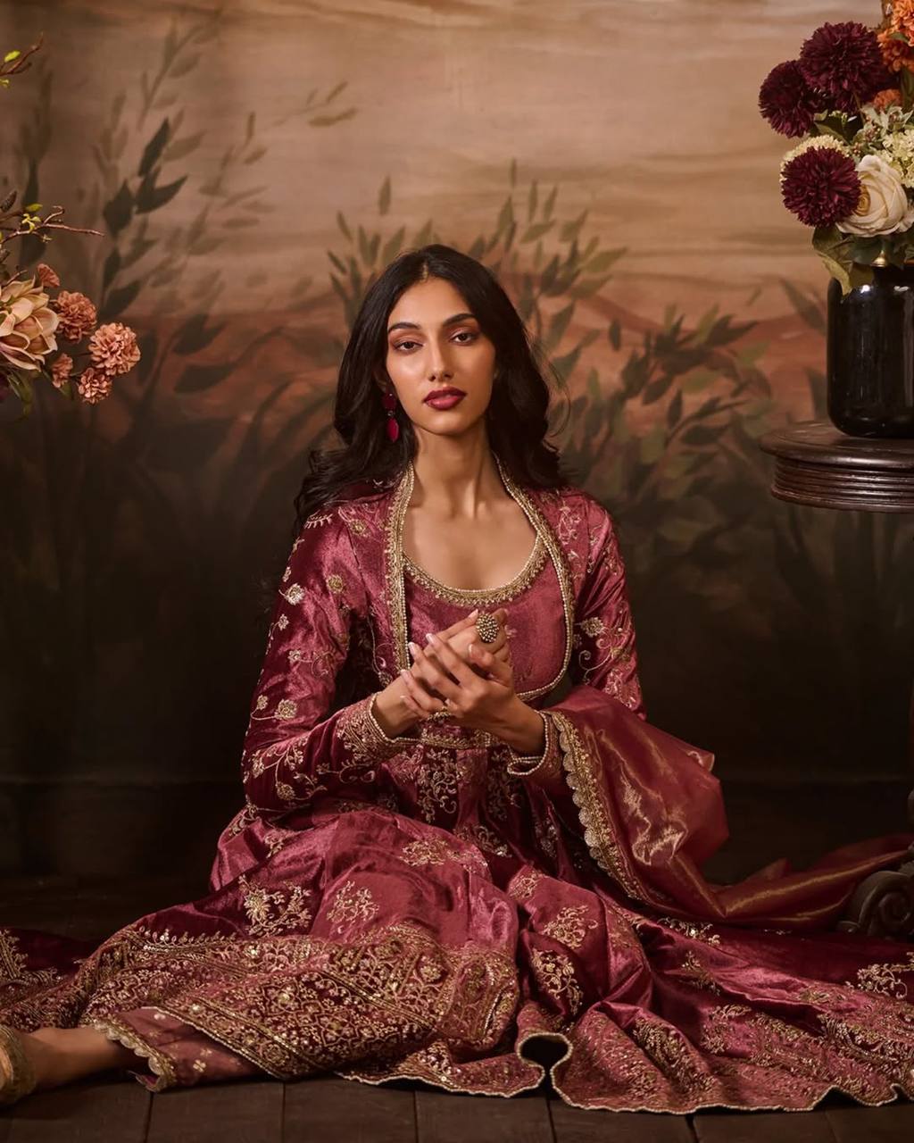Onion Pink Japan Satin Anarkali with Sequins Work & Butterfly Net Dupatta ClothsVilla