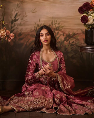 Onion Pink Japan Satin Anarkali with Sequins Work & Butterfly Net Dupatta ClothsVilla