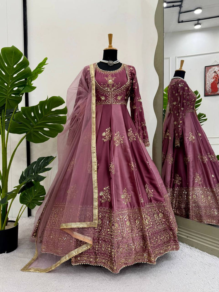 Onion Pink Japan Satin Anarkali with Sequins Work & Butterfly Net Dupatta ClothsVilla