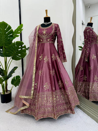 Onion Pink Japan Satin Anarkali with Sequins Work & Butterfly Net Dupatta ClothsVilla