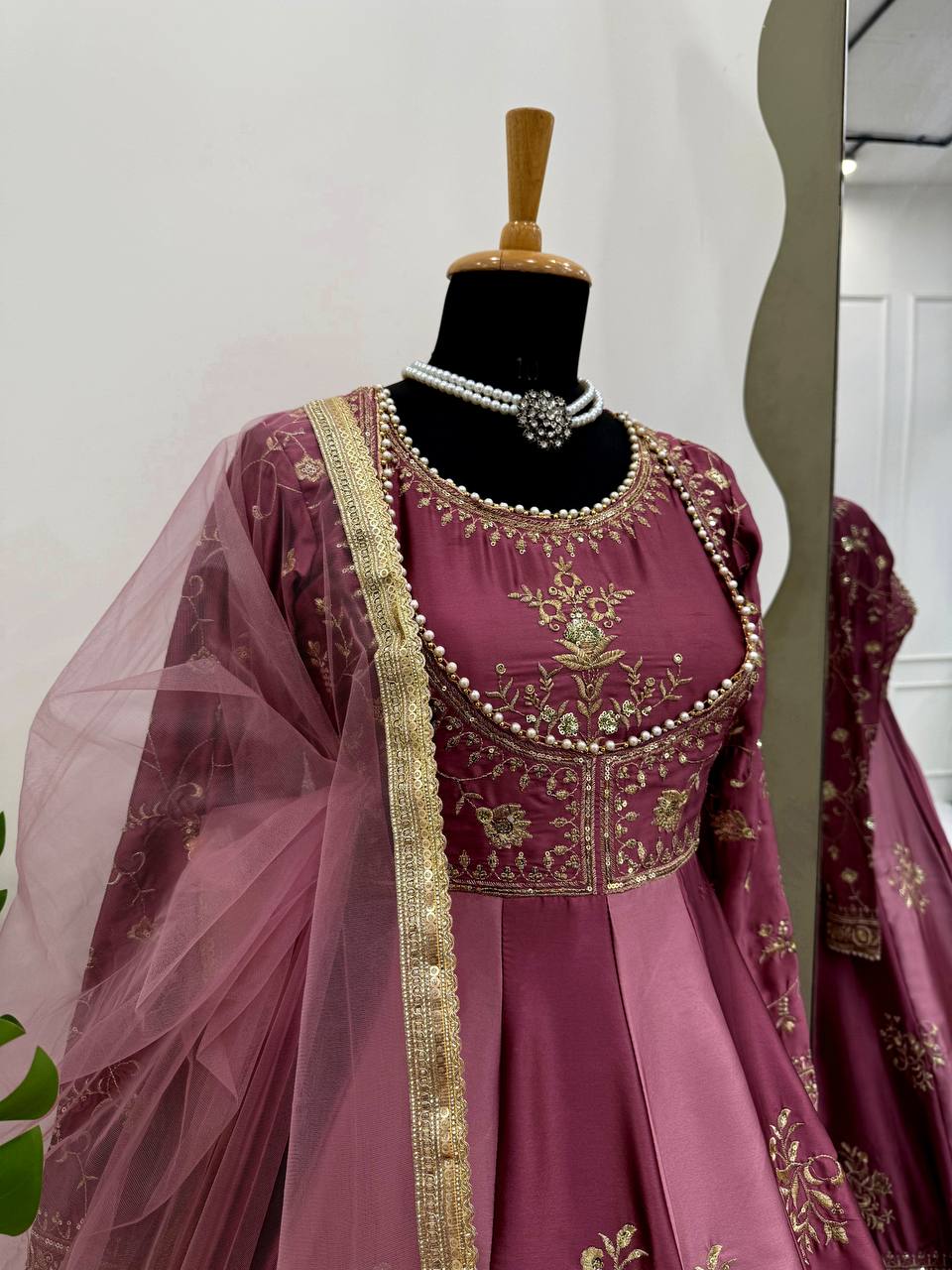 Onion Pink Japan Satin Anarkali with Sequins Work & Butterfly Net Dupatta ClothsVilla