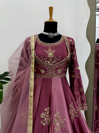 Onion Pink Japan Satin Anarkali with Sequins Work & Butterfly Net Dupatta ClothsVilla