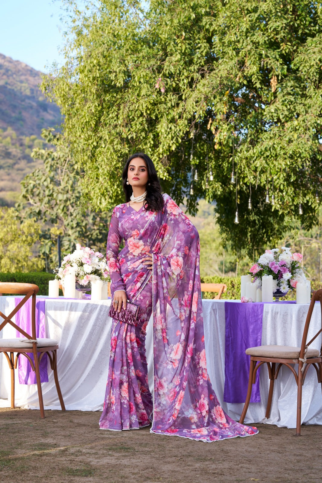 Onion Refined Beauty Weightless Marble Printed Saree with Pearl Lace Border Clothsvilla
