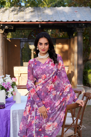 Onion Refined Beauty Weightless Marble Printed Saree with Pearl Lace Border Clothsvilla