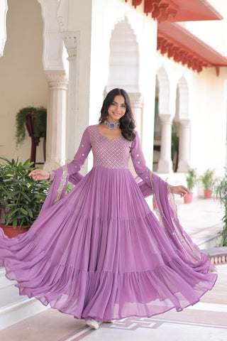 Onion Royal Faux Georgette Embroidered Gown with Sequins & Zari Work – Three-Layer Frill Stitched Gown with Cotton Lining and Matching Dupatta ClothsVilla