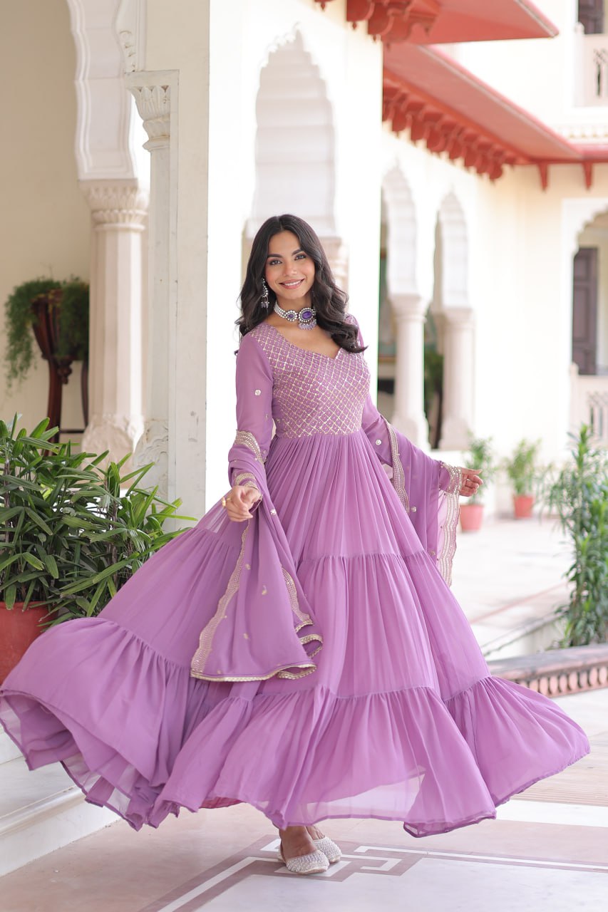 Onion Royal Faux Georgette Embroidered Gown with Sequins & Zari Work – Three-Layer Frill Stitched Gown with Cotton Lining and Matching Dupatta ClothsVilla