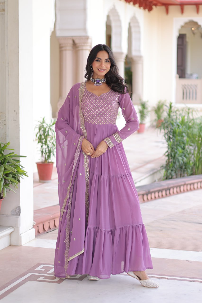Onion Royal Faux Georgette Embroidered Gown with Sequins & Zari Work – Three-Layer Frill Stitched Gown with Cotton Lining and Matching Dupatta ClothsVilla