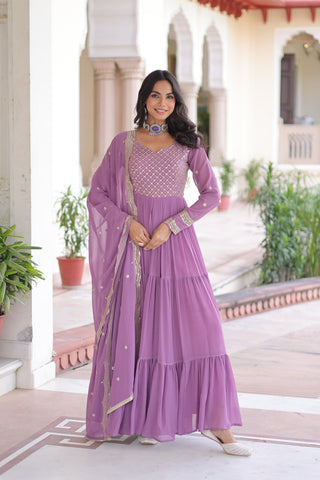 Onion Royal Faux Georgette Embroidered Gown with Sequins & Zari Work – Three-Layer Frill Stitched Gown with Cotton Lining and Matching Dupatta ClothsVilla
