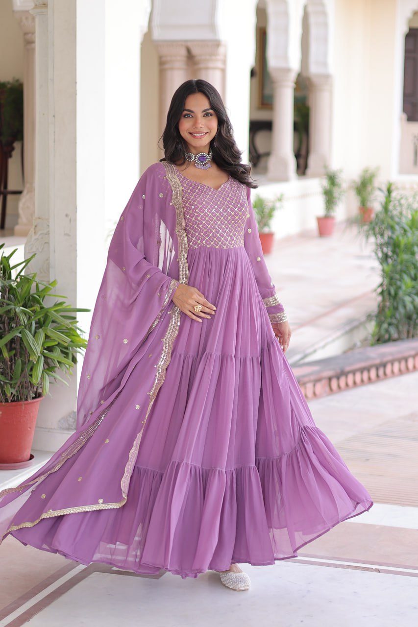 Onion Royal Faux Georgette Embroidered Gown with Sequins & Zari Work – Three-Layer Frill Stitched Gown with Cotton Lining and Matching Dupatta ClothsVilla