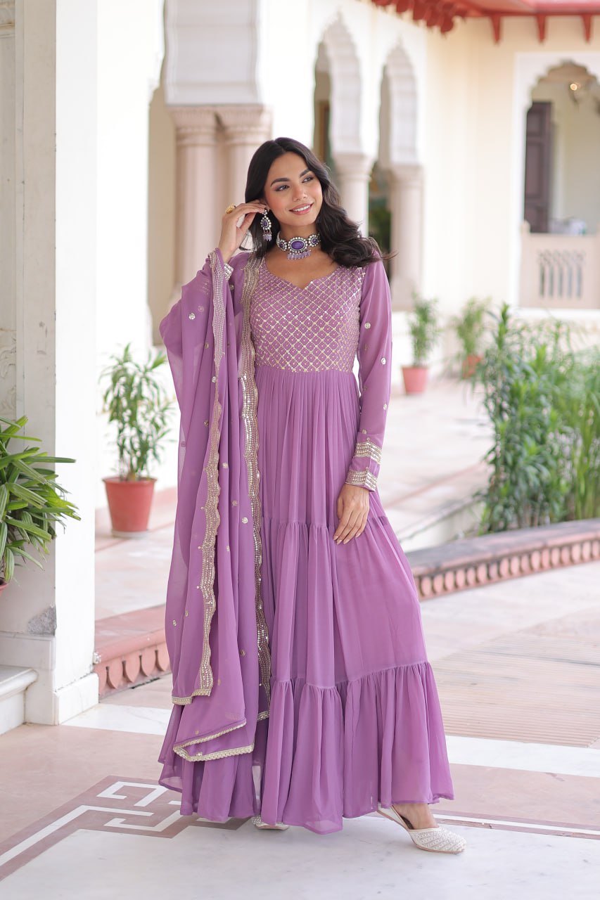 Onion Royal Faux Georgette Embroidered Gown with Sequins & Zari Work – Three-Layer Frill Stitched Gown with Cotton Lining and Matching Dupatta ClothsVilla Main image