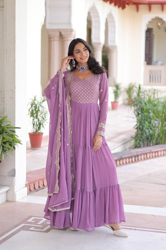 Onion Royal Faux Georgette Embroidered Gown with Sequins & Zari Work – Three-Layer Frill Stitched Gown with Cotton Lining and Matching Dupatta ClothsVilla