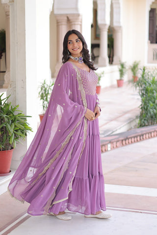 Onion Royal Faux Georgette Embroidered Gown with Sequins & Zari Work – Three-Layer Frill Stitched Gown with Cotton Lining and Matching Dupatta ClothsVilla