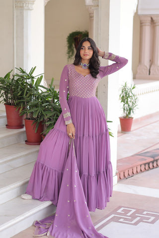 Onion Royal Faux Georgette Embroidered Gown with Sequins & Zari Work – Three-Layer Frill Stitched Gown with Cotton Lining and Matching Dupatta ClothsVilla