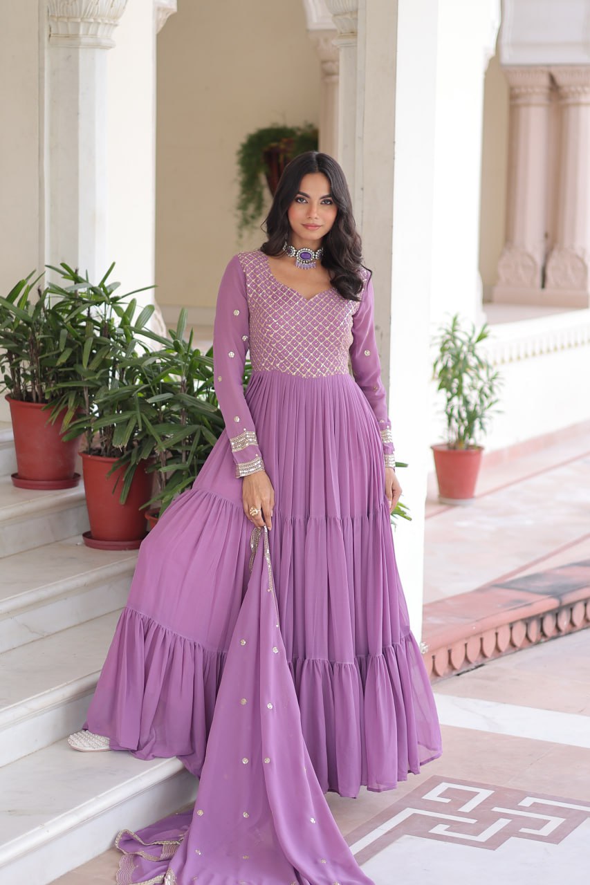 Onion Royal Faux Georgette Embroidered Gown with Sequins & Zari Work – Three-Layer Frill Stitched Gown with Cotton Lining and Matching Dupatta ClothsVilla