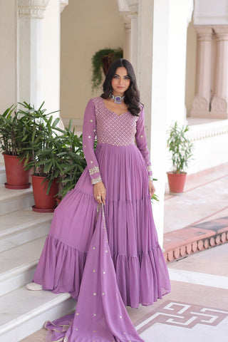 Onion Royal Faux Georgette Embroidered Gown with Sequins & Zari Work – Three-Layer Frill Stitched Gown with Cotton Lining and Matching Dupatta ClothsVilla