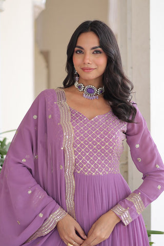 Onion Royal Faux Georgette Embroidered Gown with Sequins & Zari Work – Three-Layer Frill Stitched Gown with Cotton Lining and Matching Dupatta ClothsVilla