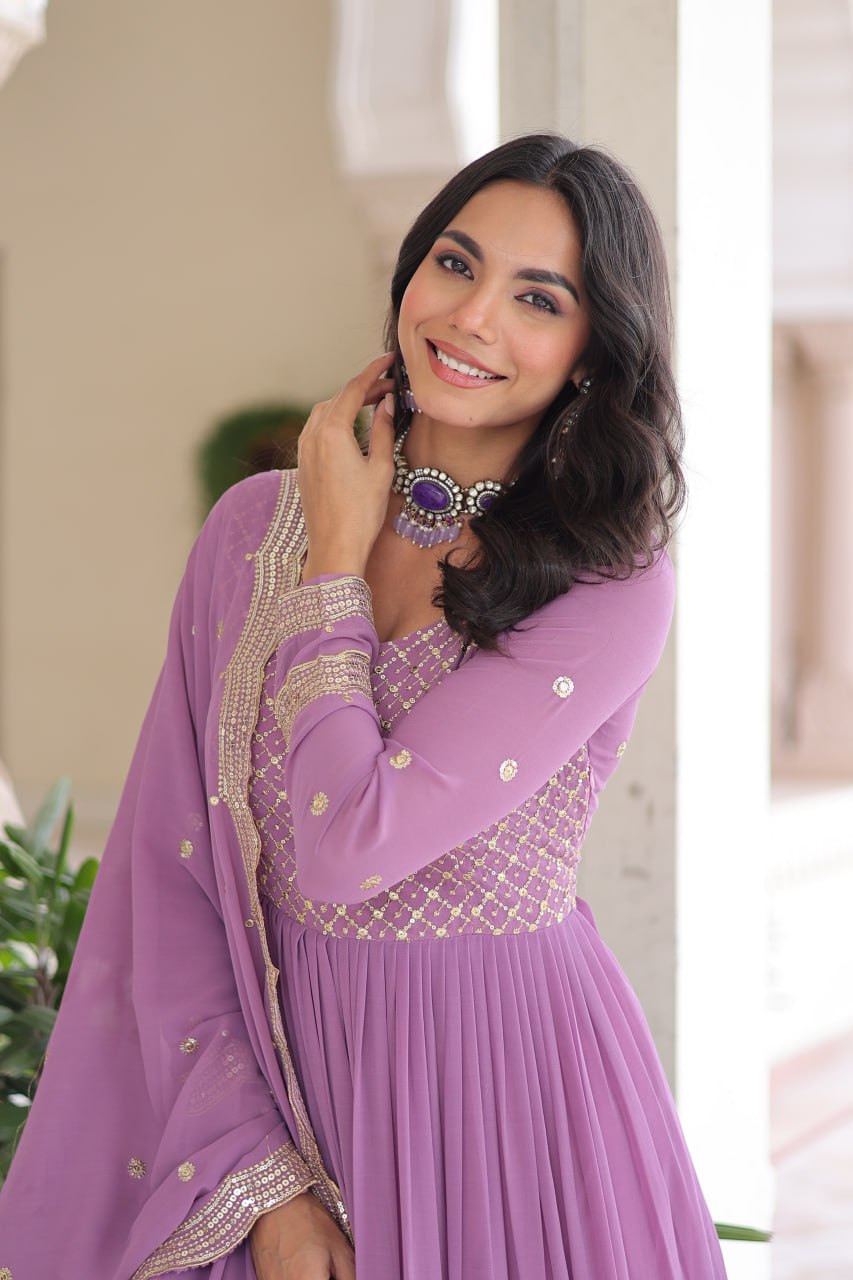 Onion Royal Faux Georgette Embroidered Gown with Sequins & Zari Work – Three-Layer Frill Stitched Gown with Cotton Lining and Matching Dupatta ClothsVilla