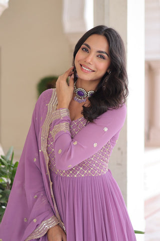 Onion Royal Faux Georgette Embroidered Gown with Sequins & Zari Work – Three-Layer Frill Stitched Gown with Cotton Lining and Matching Dupatta ClothsVilla