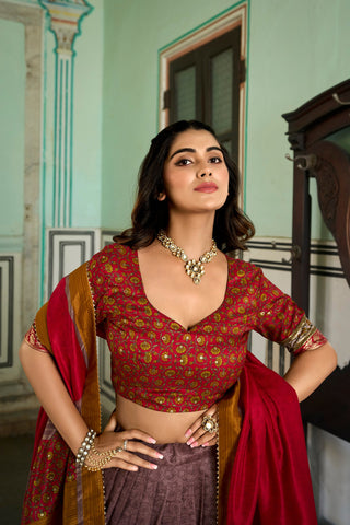 Onion Tussar Silk Lehenga Choli with Stunning Kashmiri Foil Print - Perfect for Weddings & Festivals ClothsVilla