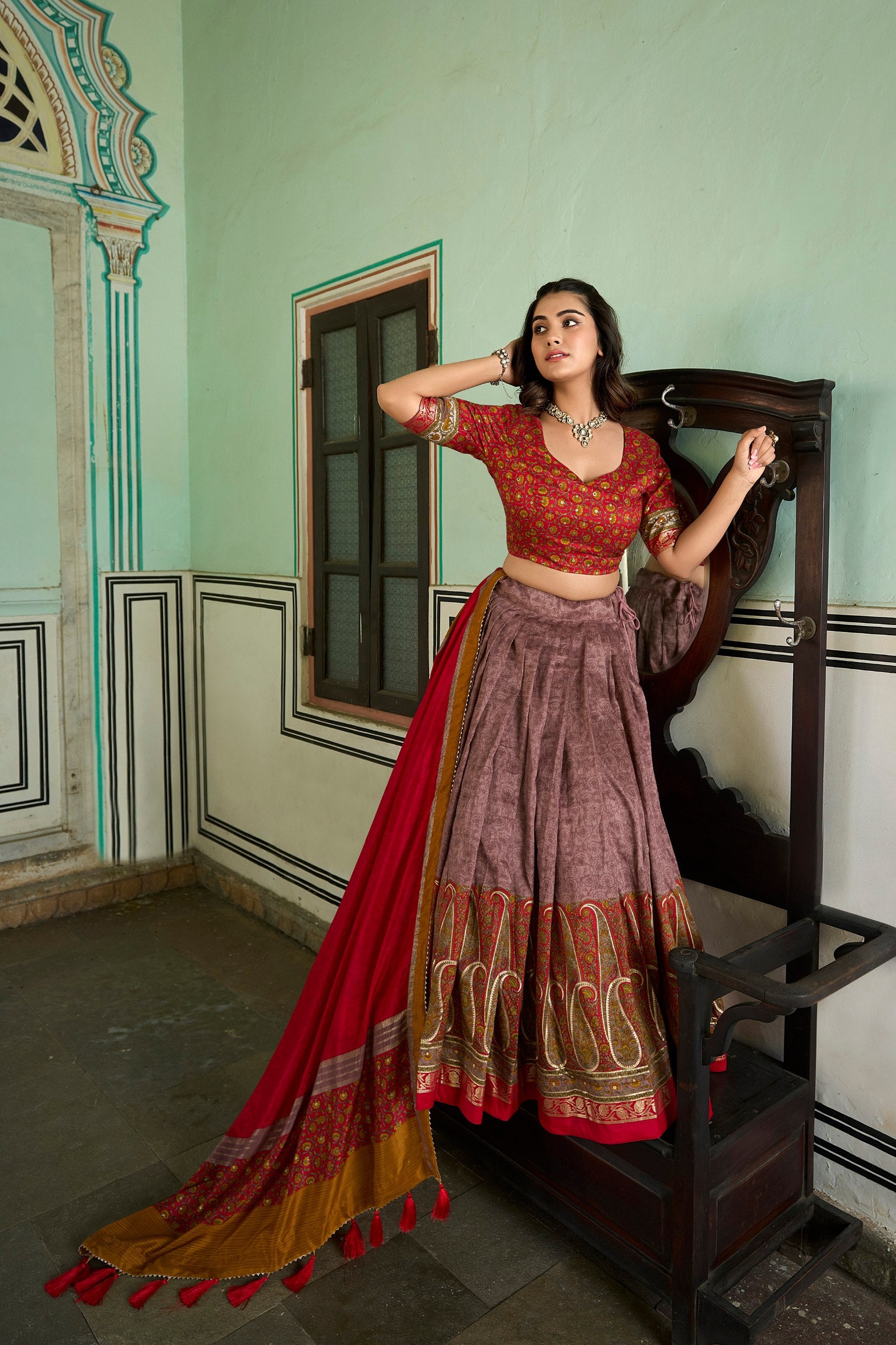 Onion Tussar Silk Lehenga Choli with Stunning Kashmiri Foil Print - Perfect for Weddings & Festivals Secondary image