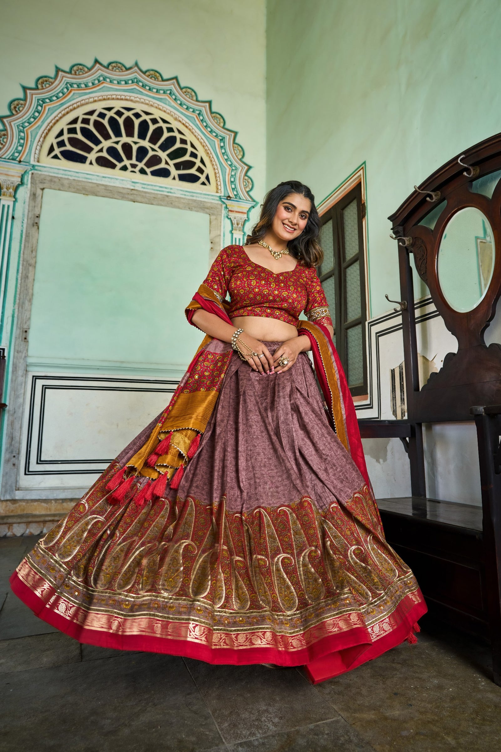 Onion Tussar Silk Lehenga Choli with Stunning Kashmiri Foil Print - Perfect for Weddings & Festivals ClothsVilla