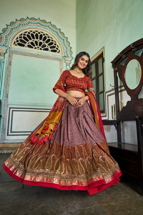 Onion Tussar Silk Lehenga Choli with Stunning Kashmiri Foil Print - Perfect for Weddings & Festivals ClothsVilla