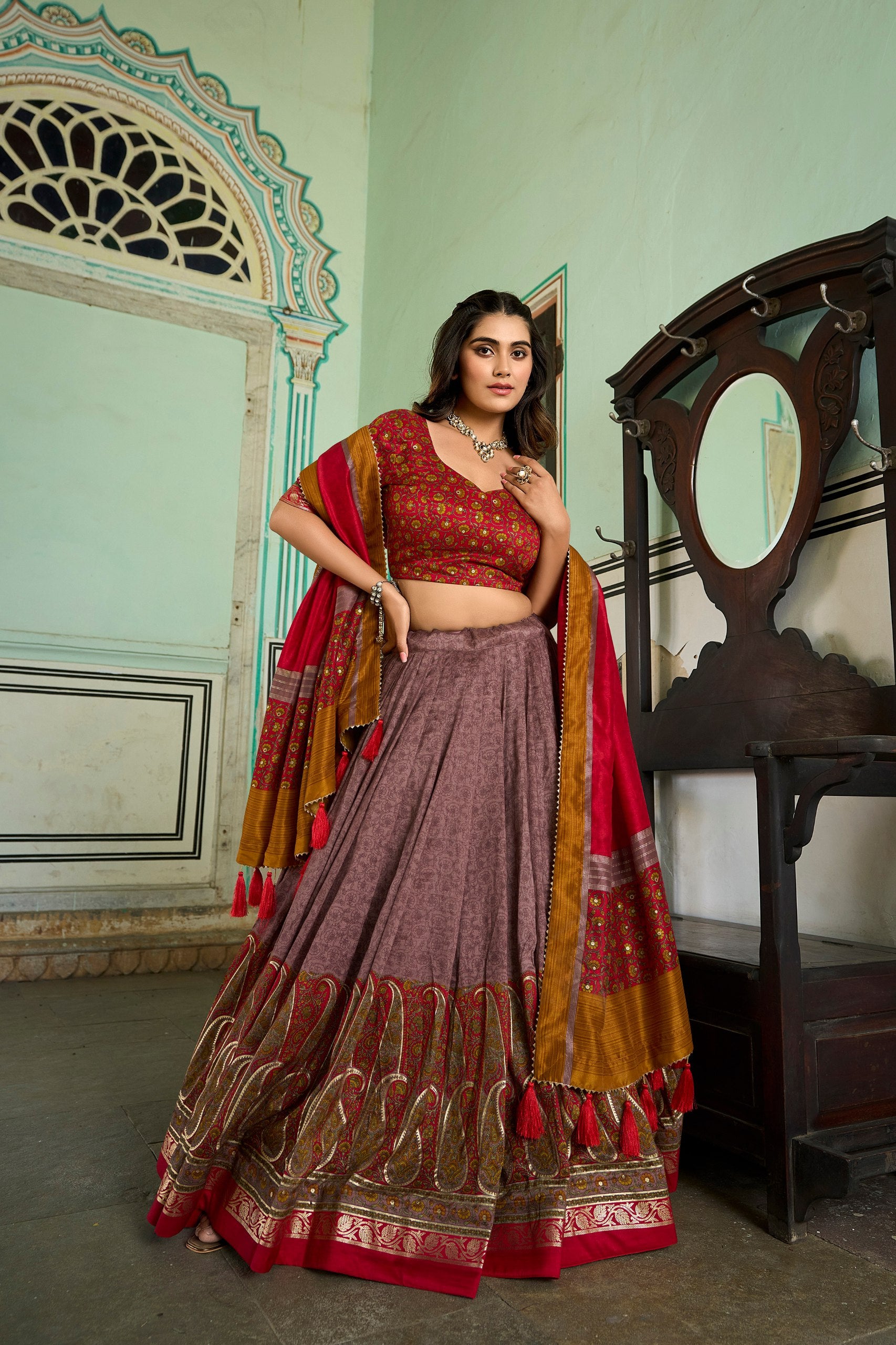 Onion Tussar Silk Lehenga Choli with Stunning Kashmiri Foil Print - Perfect for Weddings & Festivals ClothsVilla Main image