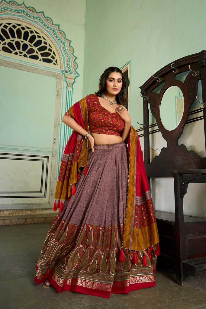Onion Tussar Silk Lehenga Choli with Stunning Kashmiri Foil Print - Perfect for Weddings & Festivals ClothsVilla