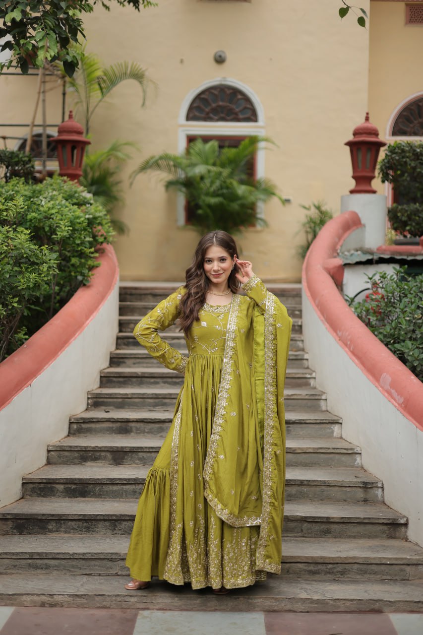 Premium Designer Readymade Top-Sharara-Dupatta  Sequins Embroidered Chinon Suit Parrot Clothsvilla Main image