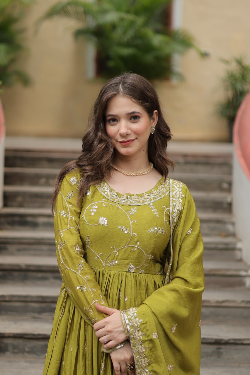 Premium Designer Readymade Top-Sharara-Dupatta  Sequins Embroidered Chinon Suit Parrot Clothsvilla