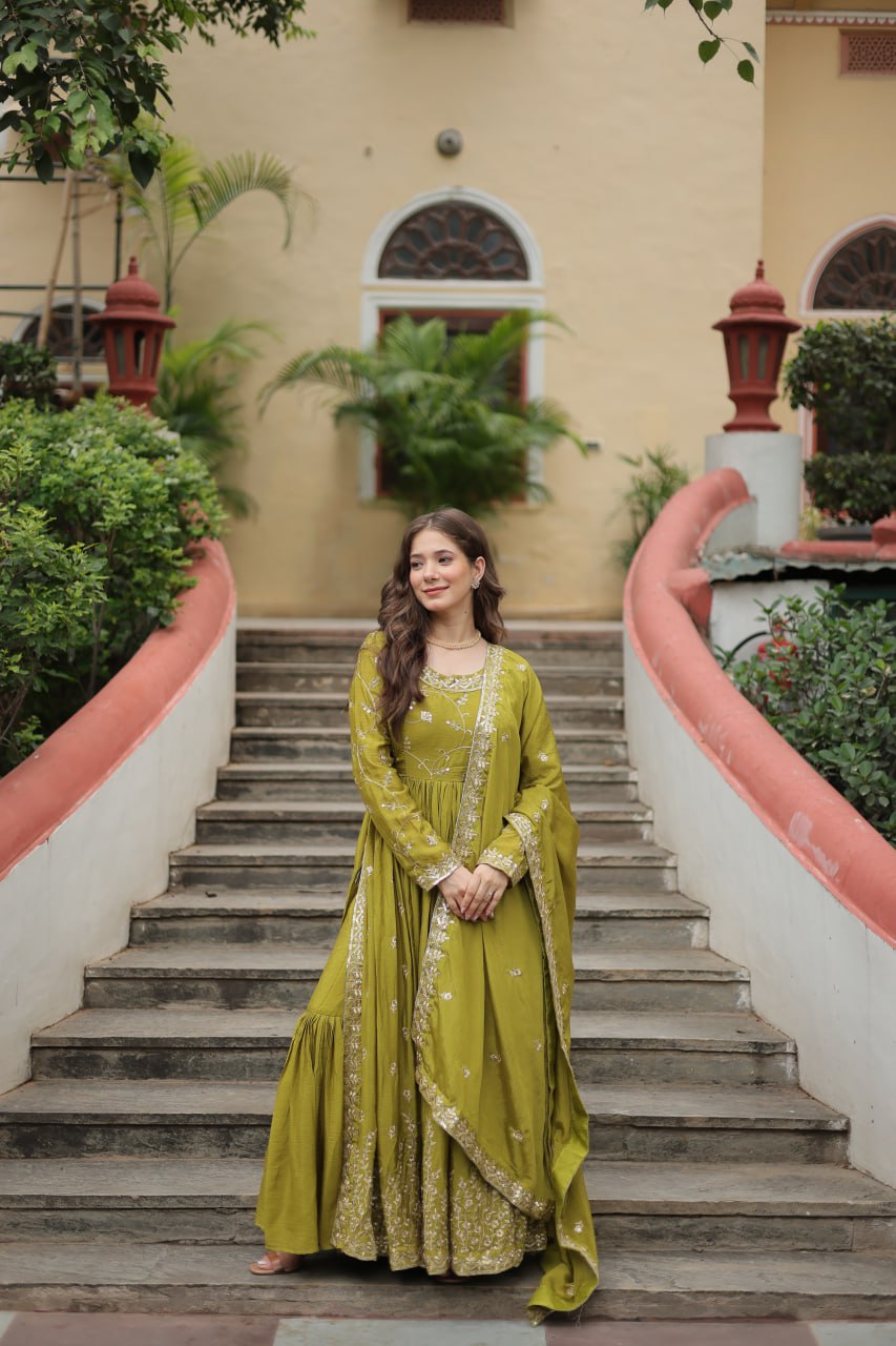 Parrot Green Designer Readymade Top-Sharara-Dupatta  Sequins Embroidered Chinon Suit Secondary image