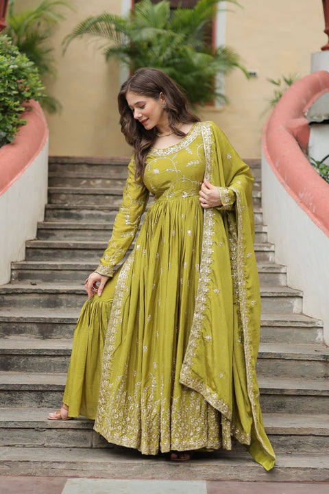 Premium Designer Readymade Top-Sharara-Dupatta  Sequins Embroidered Chinon Suit Parrot Clothsvilla Main image