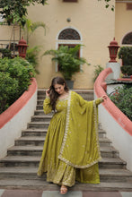 Load image into Gallery viewer, Premium Designer Readymade Top-Sharara-Dupatta  Sequins Embroidered Chinon Suit Parrot Clothsvilla