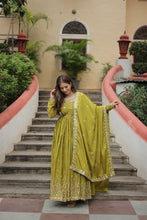 Load image into Gallery viewer, Premium Designer Readymade Top-Sharara-Dupatta  Sequins Embroidered Chinon Suit Parrot Clothsvilla