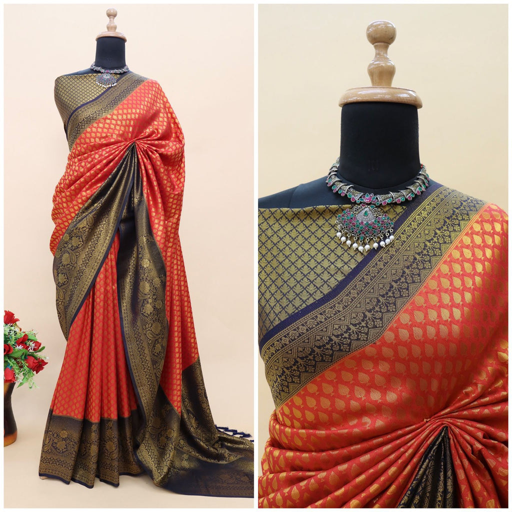 Orange and Blue Kuber Soft Silk Saree with Exquisite Golden Jari Work & Matching Blouse ClothsVilla