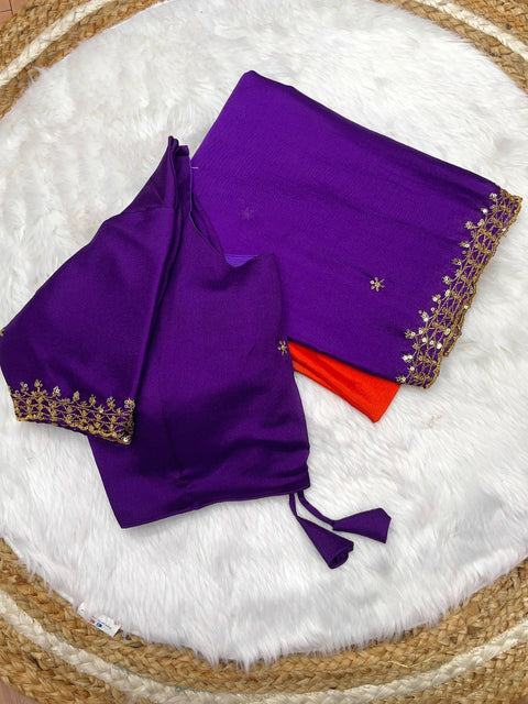 Orange and Blue Soft Hand-Dyed Chinnon Saree with Heavy Embroidery, Sequence, and Jari Work ClothsVilla Main image