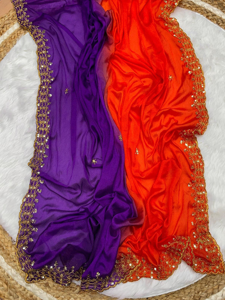 Orange and Blue Soft Hand-Dyed Chinnon Saree with Heavy Embroidery, Sequence, and Jari Work ClothsVilla