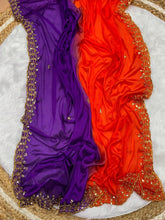 Load image into Gallery viewer, Orange and Blue Soft Hand-Dyed Chinnon Saree with Heavy Embroidery, Sequence, and Jari Work ClothsVilla