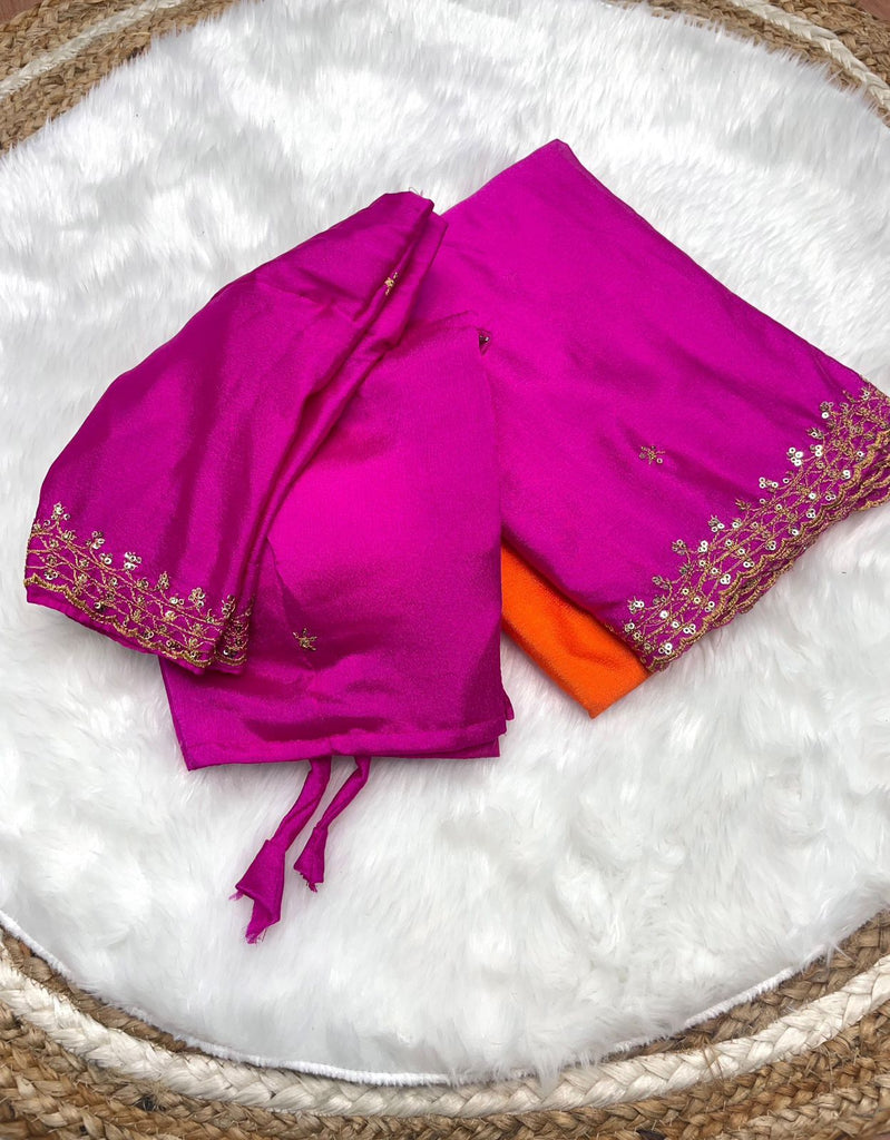 Orange and Pink Soft Hand-Dyed Chinnon Saree with Heavy Embroidery, Sequence, and Jari Work ClothsVilla