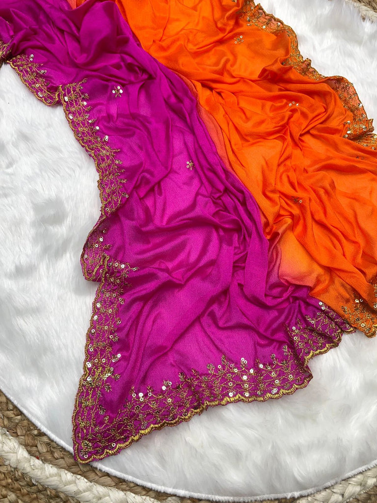 Orange and Pink Soft Hand-Dyed Chinnon Saree with Heavy Embroidery, Sequence, and Jari Work ClothsVilla