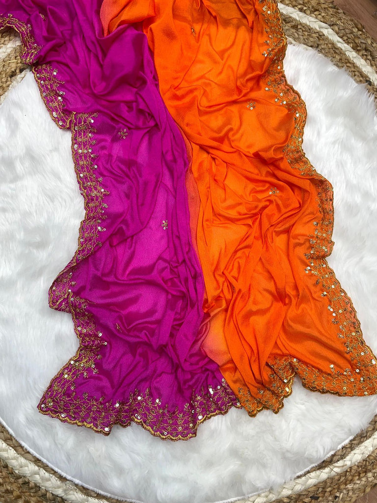 Orange and Pink Soft Hand-Dyed Chinnon Saree with Heavy Embroidery, Sequence, and Jari Work ClothsVilla