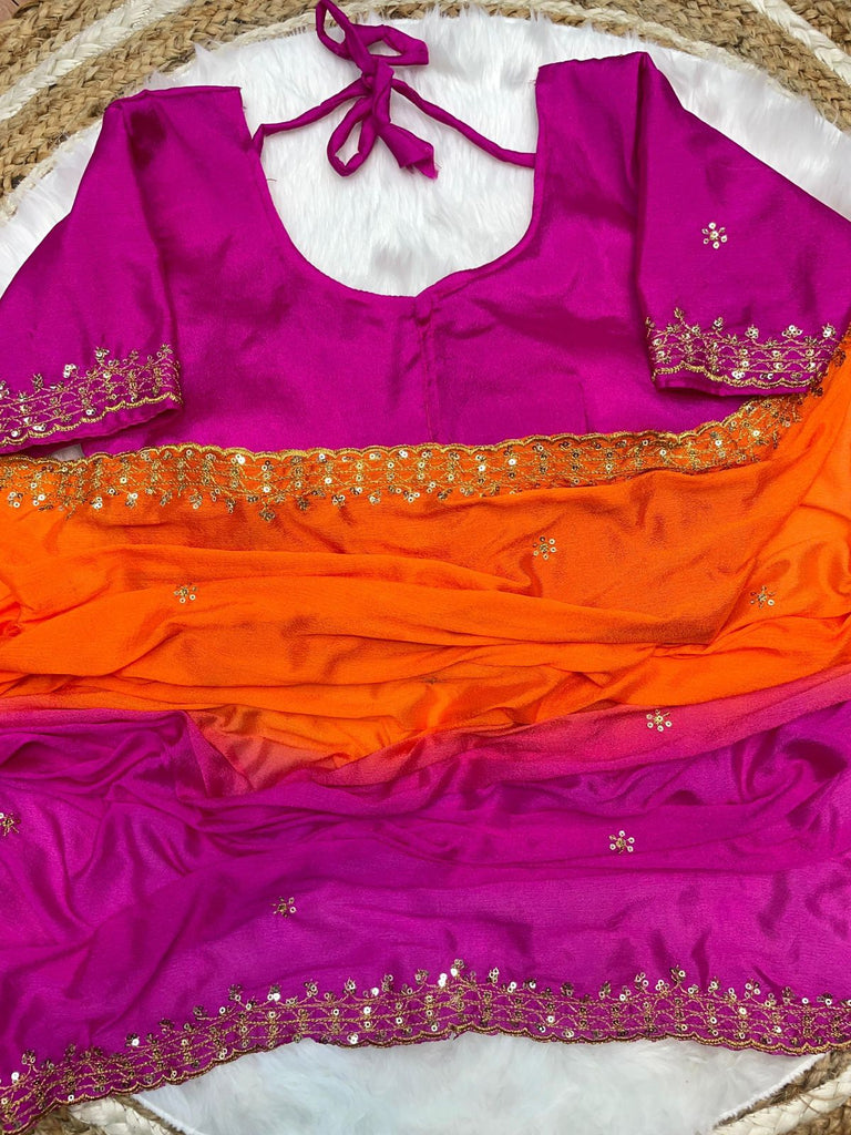 Orange and Pink Soft Hand-Dyed Chinnon Saree with Heavy Embroidery, Sequence, and Jari Work ClothsVilla