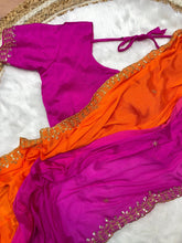 Load image into Gallery viewer, Orange and Pink Soft Hand-Dyed Chinnon Saree with Heavy Embroidery, Sequence, and Jari Work ClothsVilla