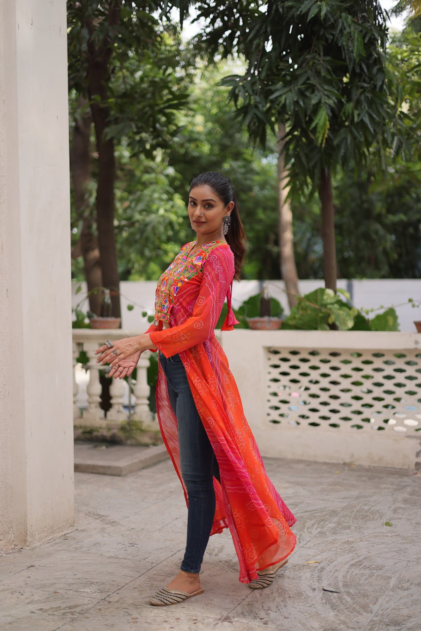 Orange Bandhani Print Faux Georgette Kurti with Kutchi Patchwork ClothsVilla