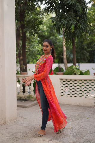 Orange Bandhani Print Faux Georgette Kurti with Kutchi Patchwork ClothsVilla