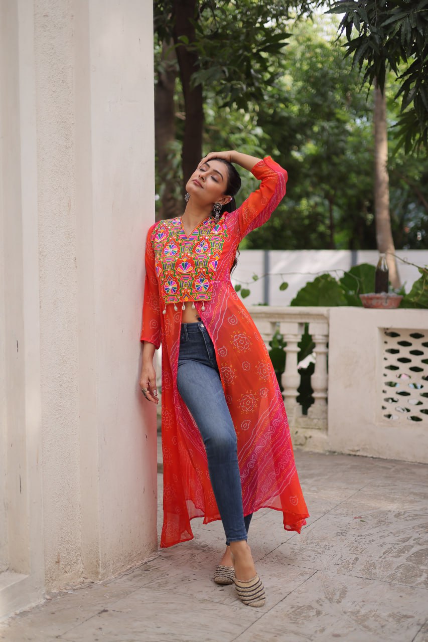 Orange Bandhani Print Faux Georgette Kurti with Kutchi Patchwork ClothsVilla
