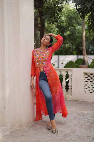 Orange Bandhani Print Faux Georgette Kurti with Kutchi Patchwork ClothsVilla