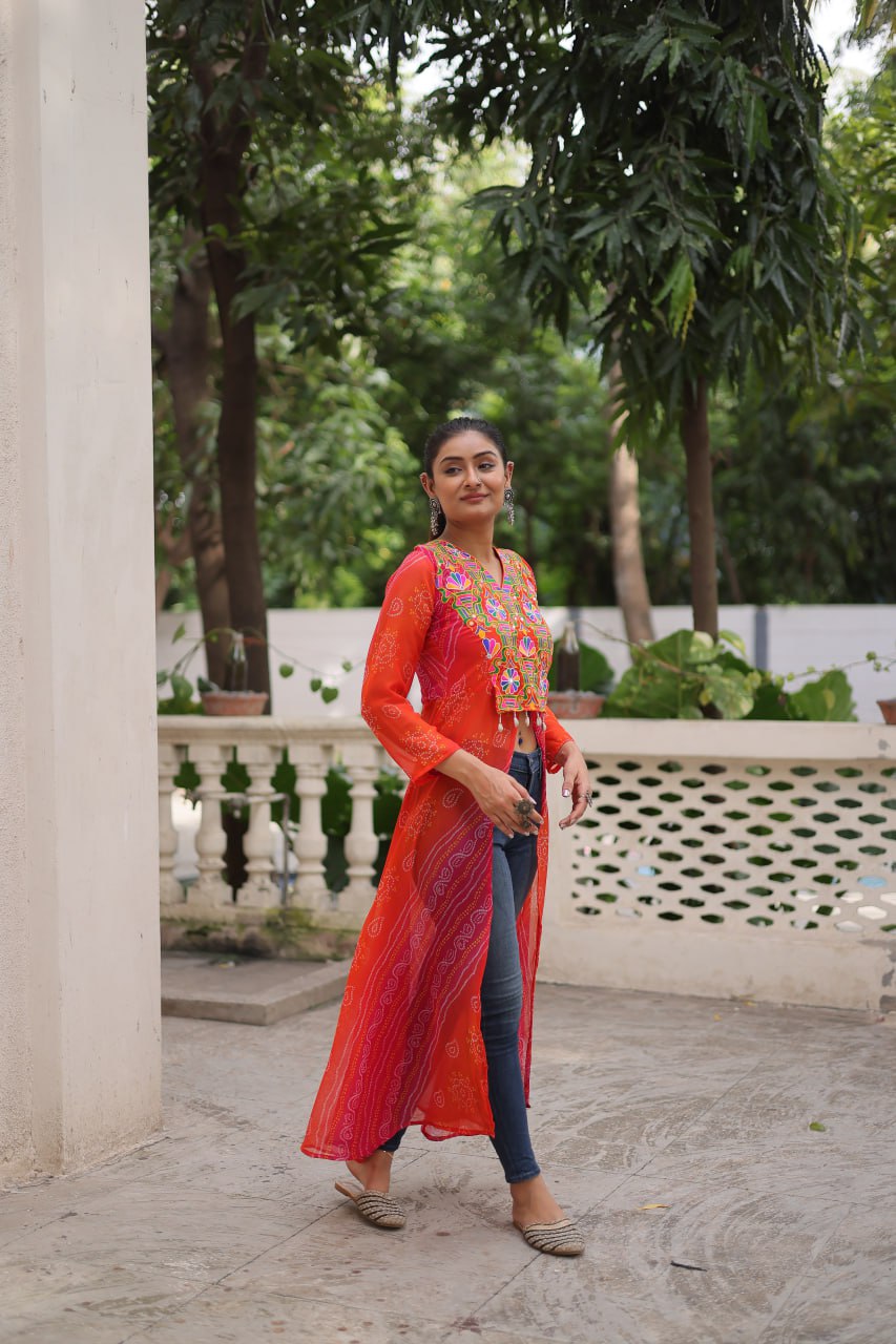 Orange Bandhani Print Faux Georgette Kurti with Kutchi Patchwork ClothsVilla