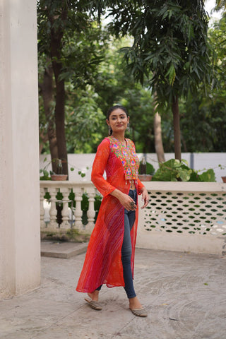 Orange Bandhani Print Faux Georgette Kurti with Kutchi Patchwork ClothsVilla